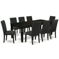 thumbnail image 1 of LGDR9-BLK-24 9Pc Rectangle 66/84 Inch Kitchen Table With 18 In Leaf And Eight Parson Chair With Black Finish Leg And Linen Fabric- Black Color, 1 of 9