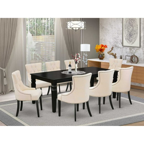 LGFR9-BLK-02 9Pc Dining Set Includes a Rectangle Dining Table with Butterfly Leaf and Eight Parson Chairs with Light Beige Fabric, Black Finish