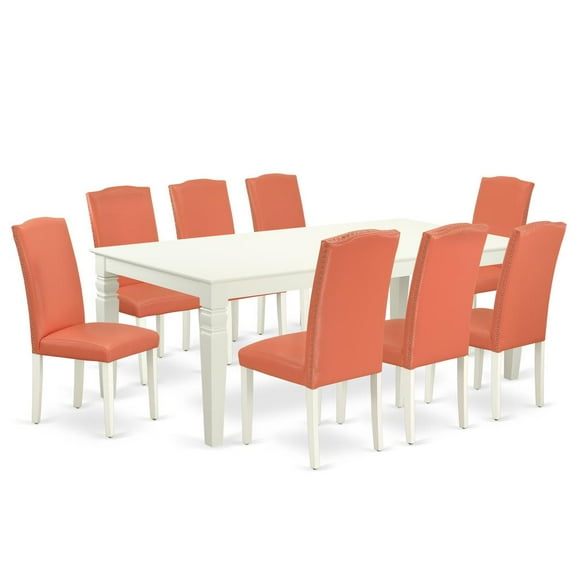 East West Furniture Logan 9-piece Wood Dining Set in Linen White/Pink Flamingo