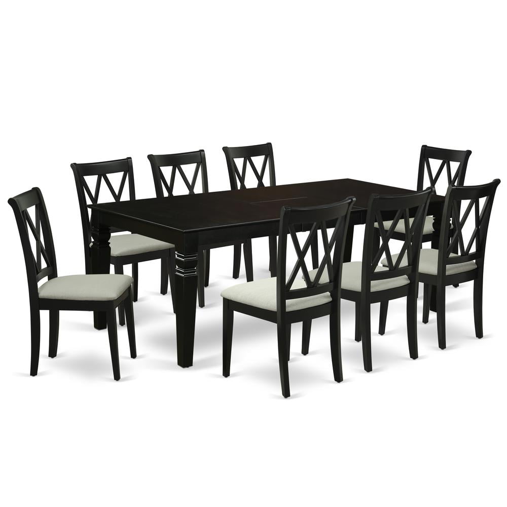 Black Rubber Wood Dining Set with Linen Seats, 9-Piece