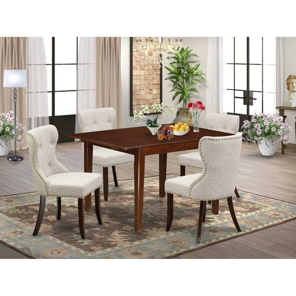East West Furniture East-West Furniture MLSI5-MAH-35 - A dining set of 4 fantastic kitchen chairs with Linen Fabric Doeskin color and a stunning mid-century dining table in Mahogany Finish