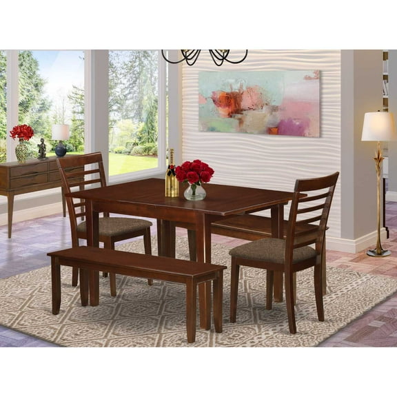 East West Furniture Milan 5-piece Wood Dining Table Set with Benches in Mahogany