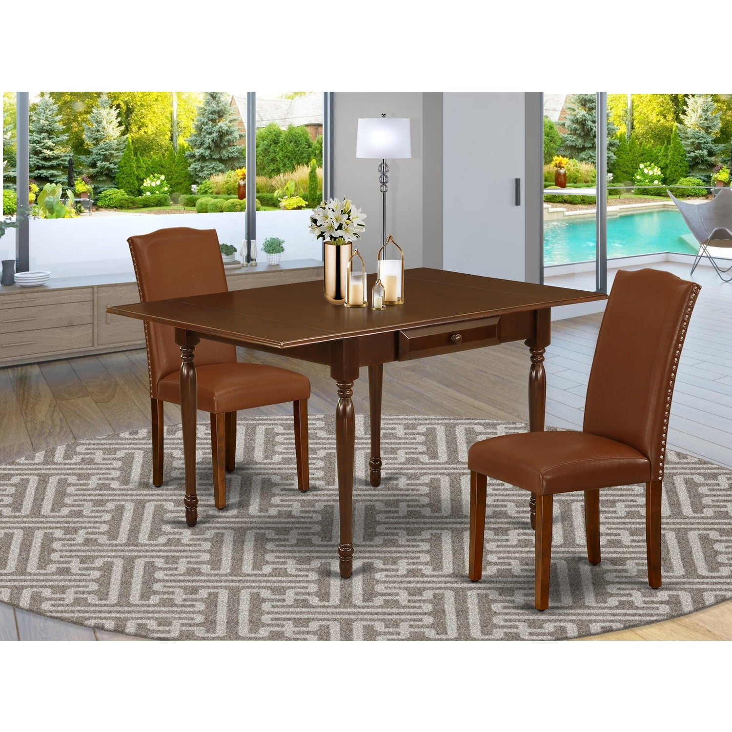 Mahogany Traditional Rubberwood Dining Set with 2 Chairs