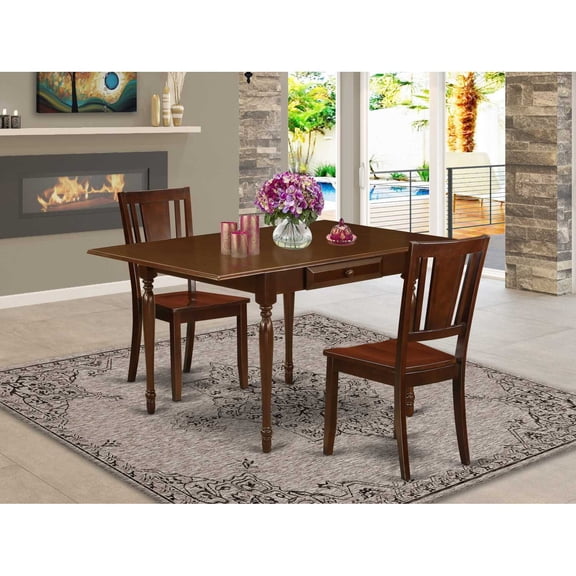 East West Furniture Monza 3-piece Wood Dining Table and Chair Set in Mahogany