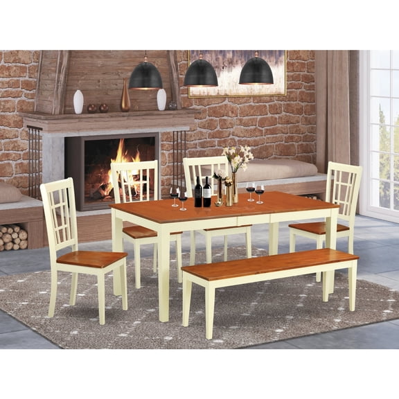 East West Furniture NICO6-WHI-W 6 Piece Dining Room Set For 4-Table With Leaf and 4 Kitchen Chairs Plus Bench