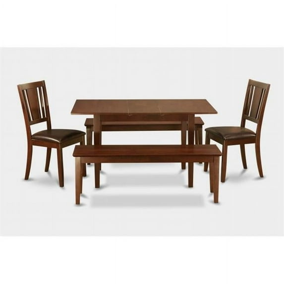 East West Furniture NODU5C-MAH-LC Norfolk Table with 12 in in self storage leaf plus 2 Faux Leather chairs and 2 51-in Long benches
