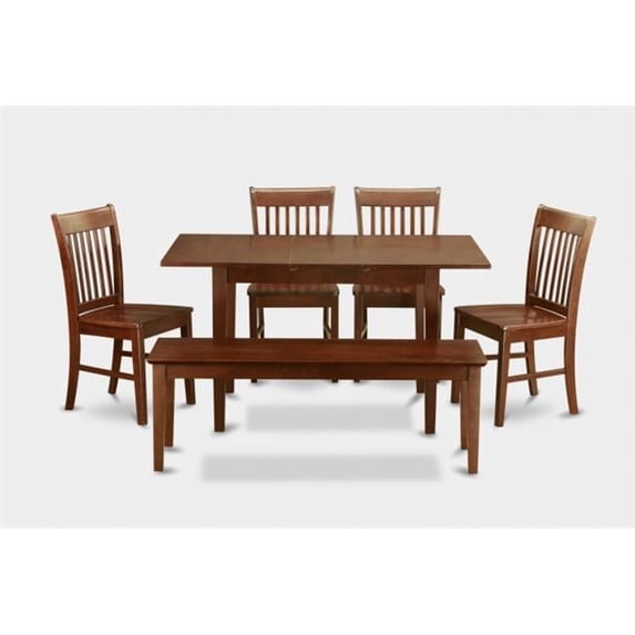 East West Furniture NOFK6C-MAH-W Norfolk 6PC Set with rectangular table featured 12 in Butterfly Leaf; 4 wood seat chairs and One 51-in Long Long Bench