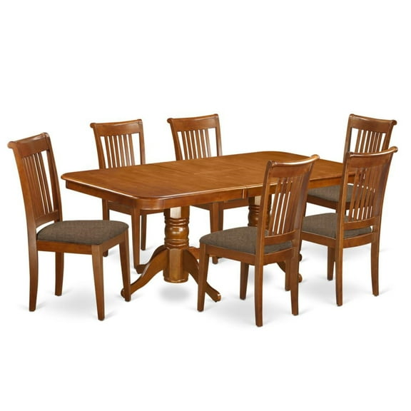 East West Furniture Napoleon 7-piece Dining Set with Fabric Seat in Saddle Brown