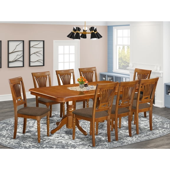 East West Furniture Napoleon 9-piece Dining Set w/ Linen Chairs in Saddle Brown