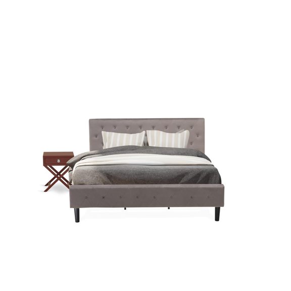 East West Furniture NL14K-1HA13 2 Pc King Bed Set - 1 King Bed Brown Taupe Velvet Fabric Headboard and 1 Nightstand - Burgundy Finish Nightstand