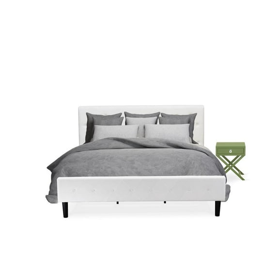 East West Furniture NL19K-1HA12 2 Pc Bedroom Set - 1 King Bed White Velvet Fabric Headboard and 1 Wooden Night Stand - Clover Green Finish Nightstand
