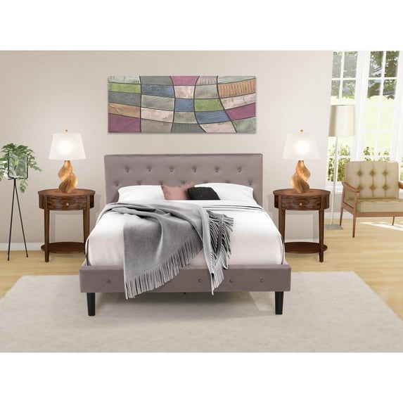 East West Furniture NL14Q-2HI08 3 Piece Queen Bed Set - 1 Bed Brown Taupe Velvet Fabric Headboard and 2 Nightstand - Antique Walnut Finish Nightstand