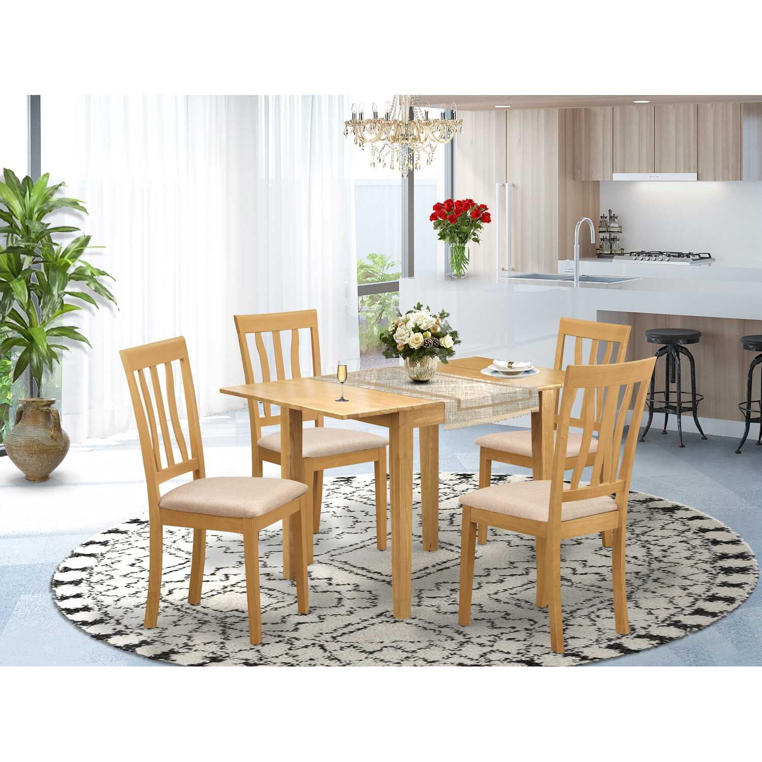 Natural Oak Finish Solid Wood Dining Set with Linen Upholstered Chairs