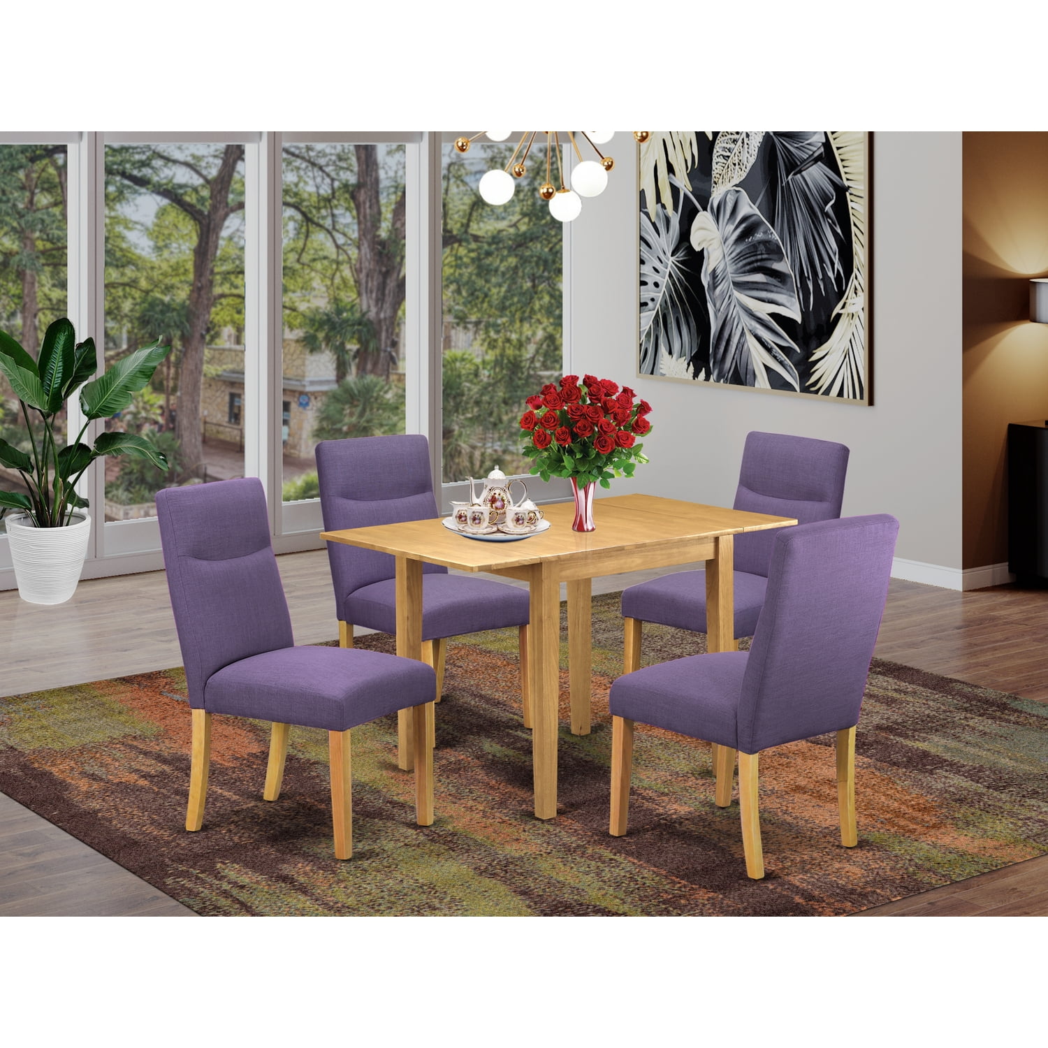 East West Furniture 3-Piece Dining Table Set – Oak Finish Wood Table With 2 Chairs, Drop Leaves & Drawers