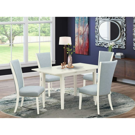East West Furniture East-West Furniture NFVE5-LWH-15 - A wooden dining table set of 4 wonderful dining room chairs with Linen Fabric Baby Blue color and a wonderful dinner table with Linen White...