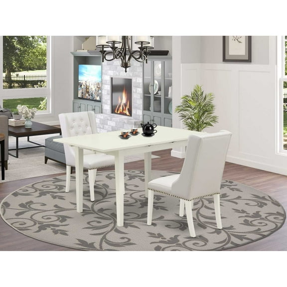 East West Furniture NFFO3-LWH-44 3-Pc kitchen dining room set Includes 1 Butterfly Leaf Rectangular Dining Table and 2 Light Grey Linen Fabric Parson Chair with Button Tufted Back - Linen White...