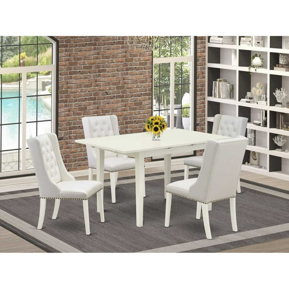 East West Furniture NFFO5-LWH-44 5-Piece Dinette Set Includes 1 Butterfly Leaf Dining Table and 4 Light Grey Linen Fabric Parson Chairs with Button Tufted Back - Linen White Finish
