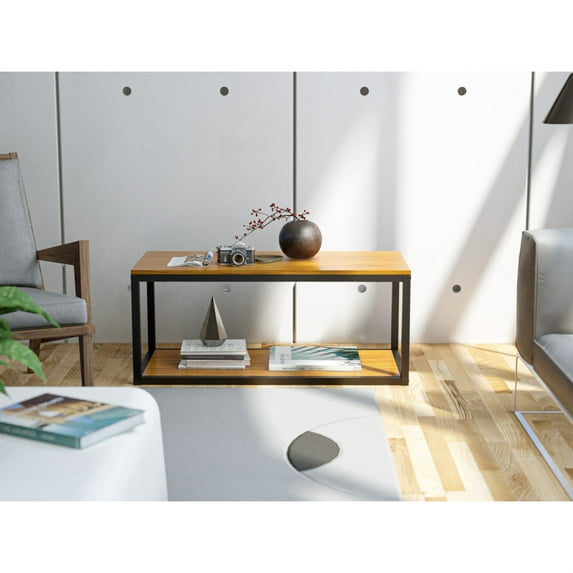 East West Furniture Norwich Metal and Wood Coffee Table in Black/Walnut