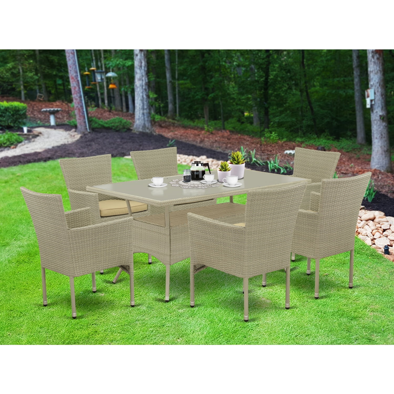 Natural Acacia and Woven Resin 7-Piece Outdoor Dining Set