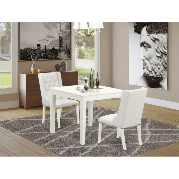 East West Furniture OXFO3-LWH-44 3-Pc Kitchen Dining Room Set Includes 1 Modern Kitchen Table and 2 Light Grey Linen Fabric Mid Century Dining Chairs with Button Tufted Back - Linen White Finish