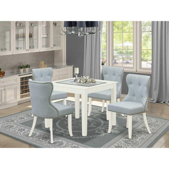 East West Furniture East-West Furniture OXSI5-LWH-15 - A kitchen table set of 4 wonderful dining chairs with Linen Fabric Baby Blue color and a stunning Square kitchen table with Linen White color
