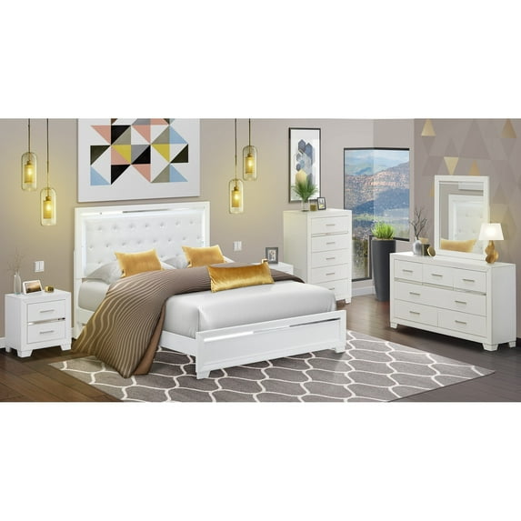 East West Furniture PA05-Q2NDMC Pandora 6-Piece Bedroom Set with a Modern Queen Bed 2 Small Nightstands, Dresser Wood, Mirror and Chester Drawers - White Finish