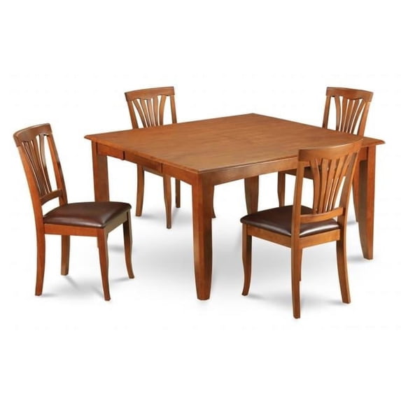 East West Furniture PFAV5-SBR-LC 5-Piece Parfait Square Table with 18 in. Butterfly Leaf & 4 Faux Leather upholstered Seat Chairs in Saddle Brown Finish