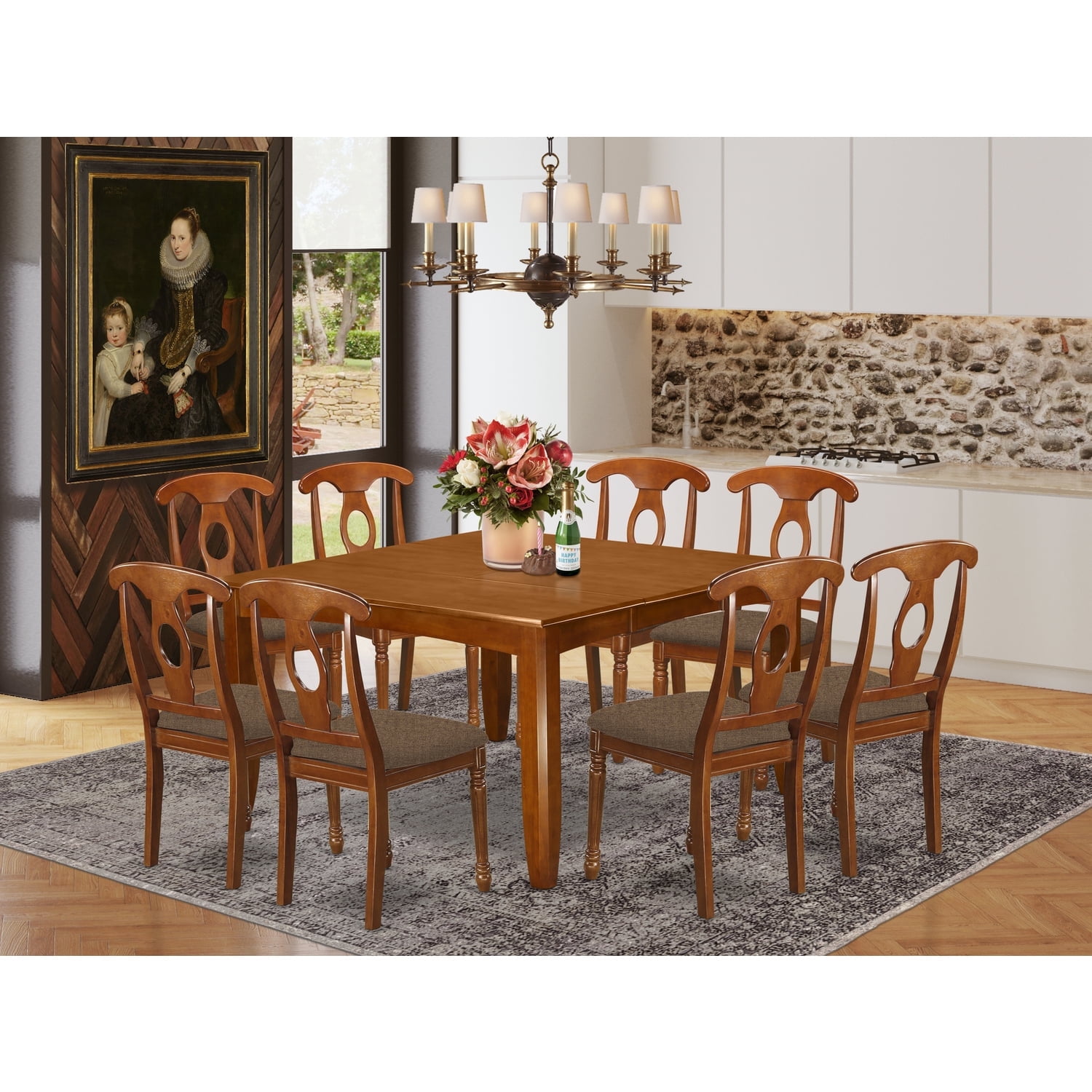East West Furniture PFNA9-SBR-C 9 Piece Dining Room Set-Kitchen Table With Leaf and 8 Dinette Chairs - Thumbnail 4