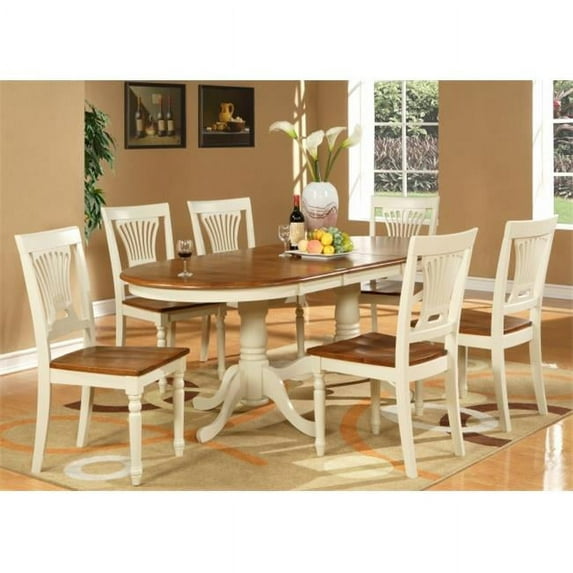East West Furniture PLAI9-WHI-W 9-Piece Plainville Table with Double Pedestal & 8 Wood Seat Chairs
