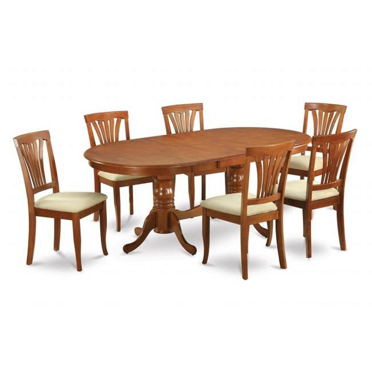 East West Furniture PLAV7-SBR-C 7-Piece Plainville Table with Double Pedestal & 6 Avon Microfiber upholstered Seat Chairs in Saddle Brown Finish Finish