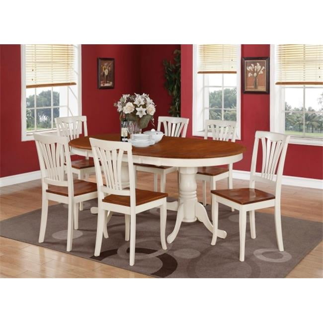 East West Furniture PLAV9-WHI-W 9-Piece Plainville Table with Double Pedestal & 8 Avon Wood Seat Chairs in Saddle Brown Finish Finish