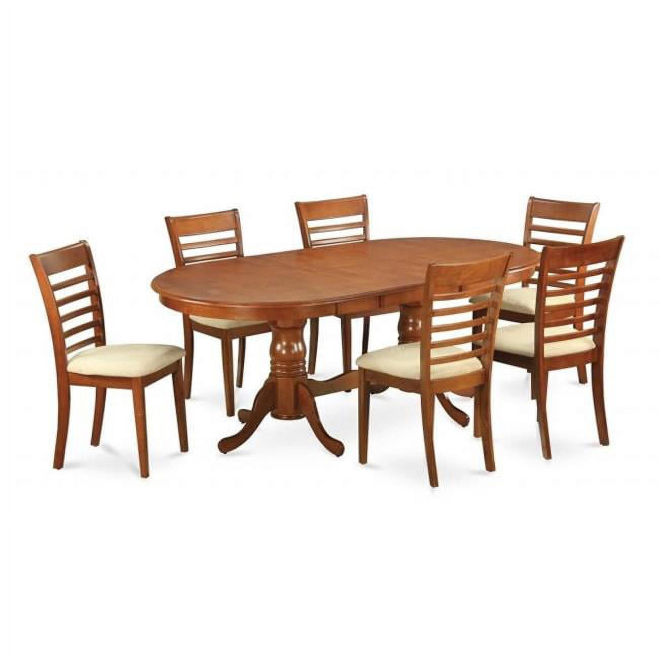 East West Furniture PLML7-SBR-C 7-Piece Plainville Table with Double Pedestal & 6 Piccasso Wood Seat Chairs in Saddle Brown Finish Finish