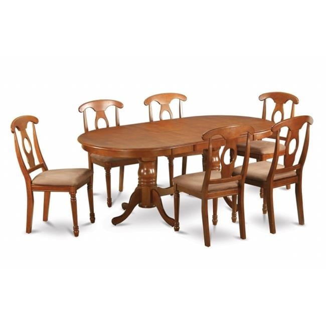 East West Furniture PLNA7-SBR-C 7-Piece Plainville Table with Double Pedestal & 6 Napoleon Cushioned Seat Chairs in Saddle Brown Finish Finish