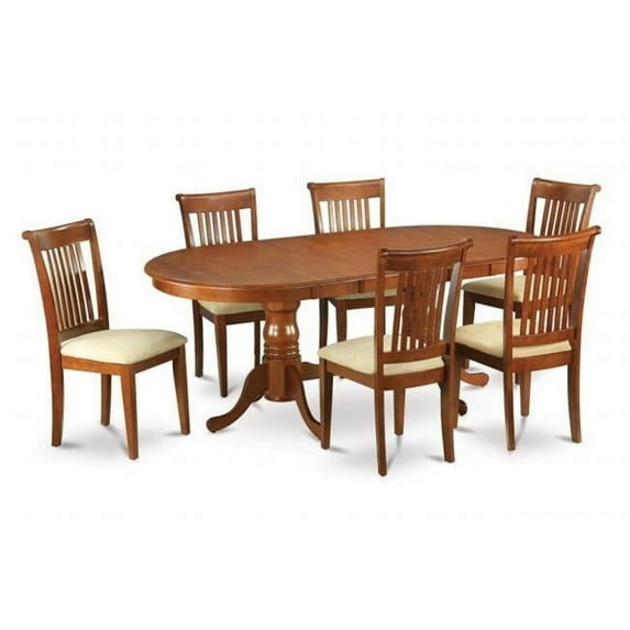 East West Furniture PLPO9-SBR-C 9-Piece Plainville Table with Double Pedestal & 8 Portland Padded Seat Chairs in Saddle Brown Finish Finish