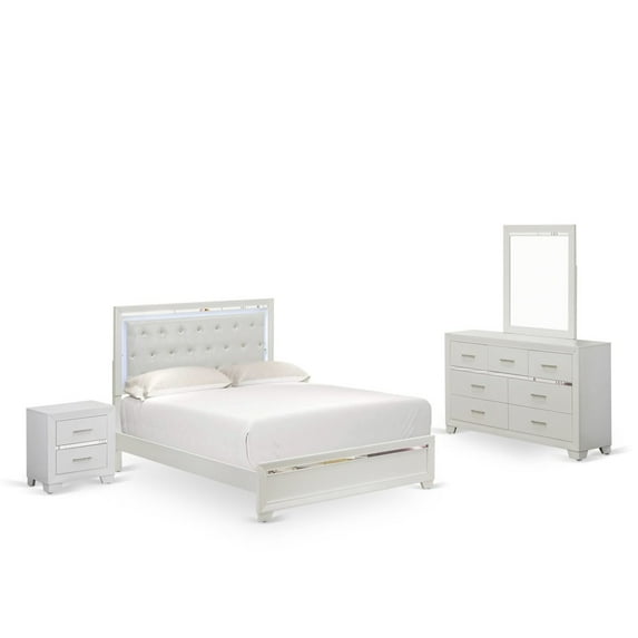 East West Furniture PA05-Q1NDM0 Pandora 4 Pc Bedroom Set with a queen size bed 2 modern nightstands, Bedroom Dresser, and Large Mirrors - White Finish