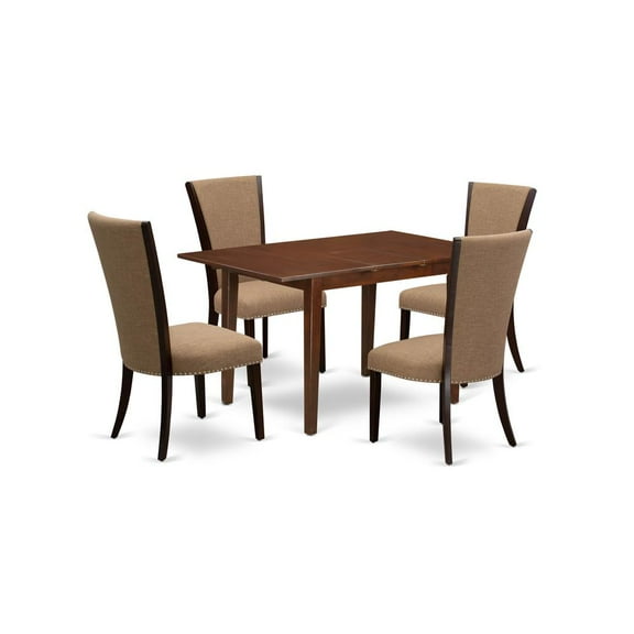 East West Furniture East-West Furniture PSVE5-MAH-47 - A wooden dining table set of 4 excellent kitchen chairs with Linen Fabric Light Sable color and a lovely dinner table in Mahogany Finish