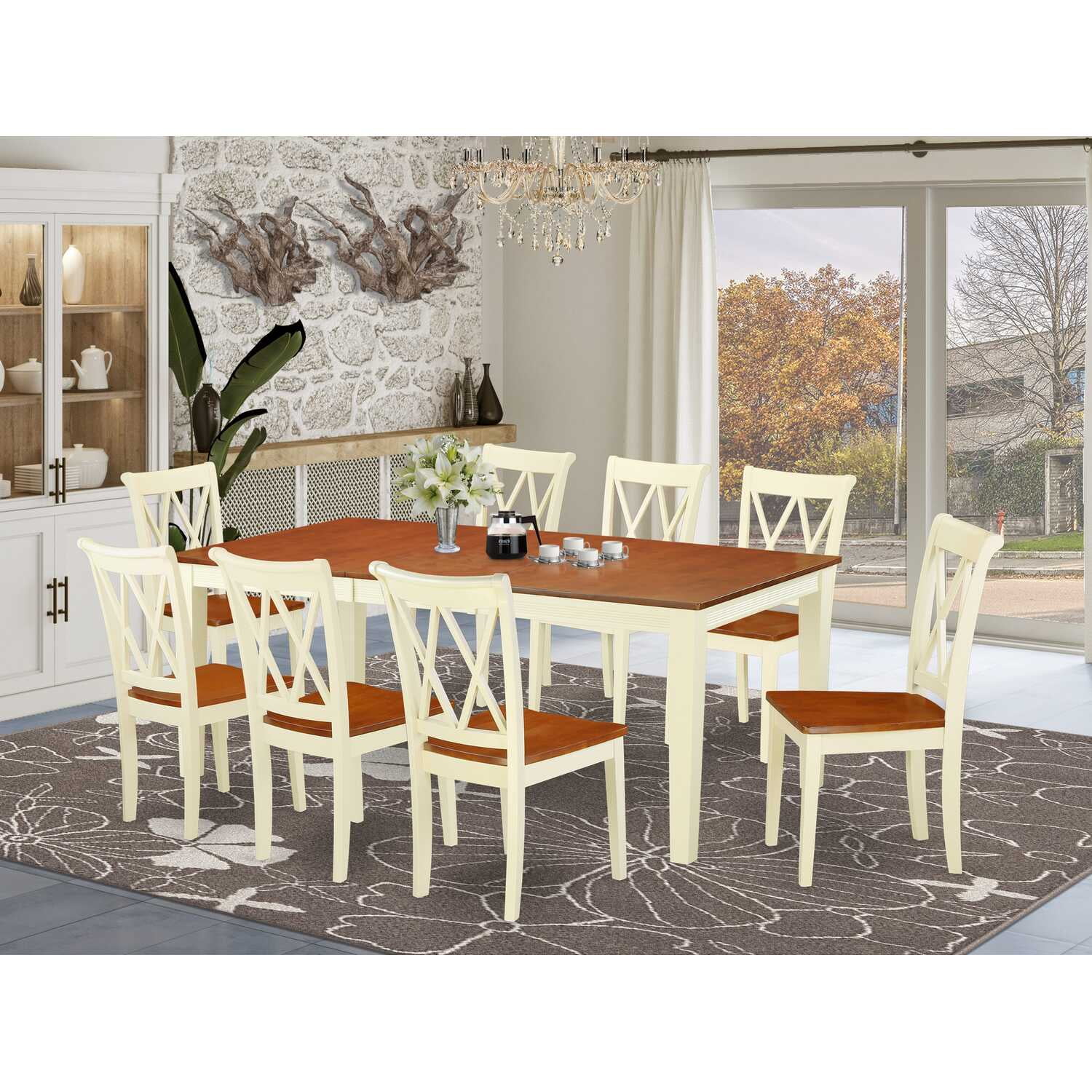 Quincy 9-Piece Extendable Dining Set in Buttermilk & Cherry with Asian Hardwood