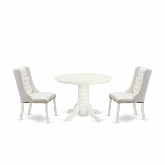 East West Furniture SHFO3-WHI-44 3-Pc Kitchen Room Table Set Includes 1 Pedestal Dining Table and 2 Light Grey Linen Fabric Mid Century Dining Chairs with Button Tufted Back - Linen White Finish