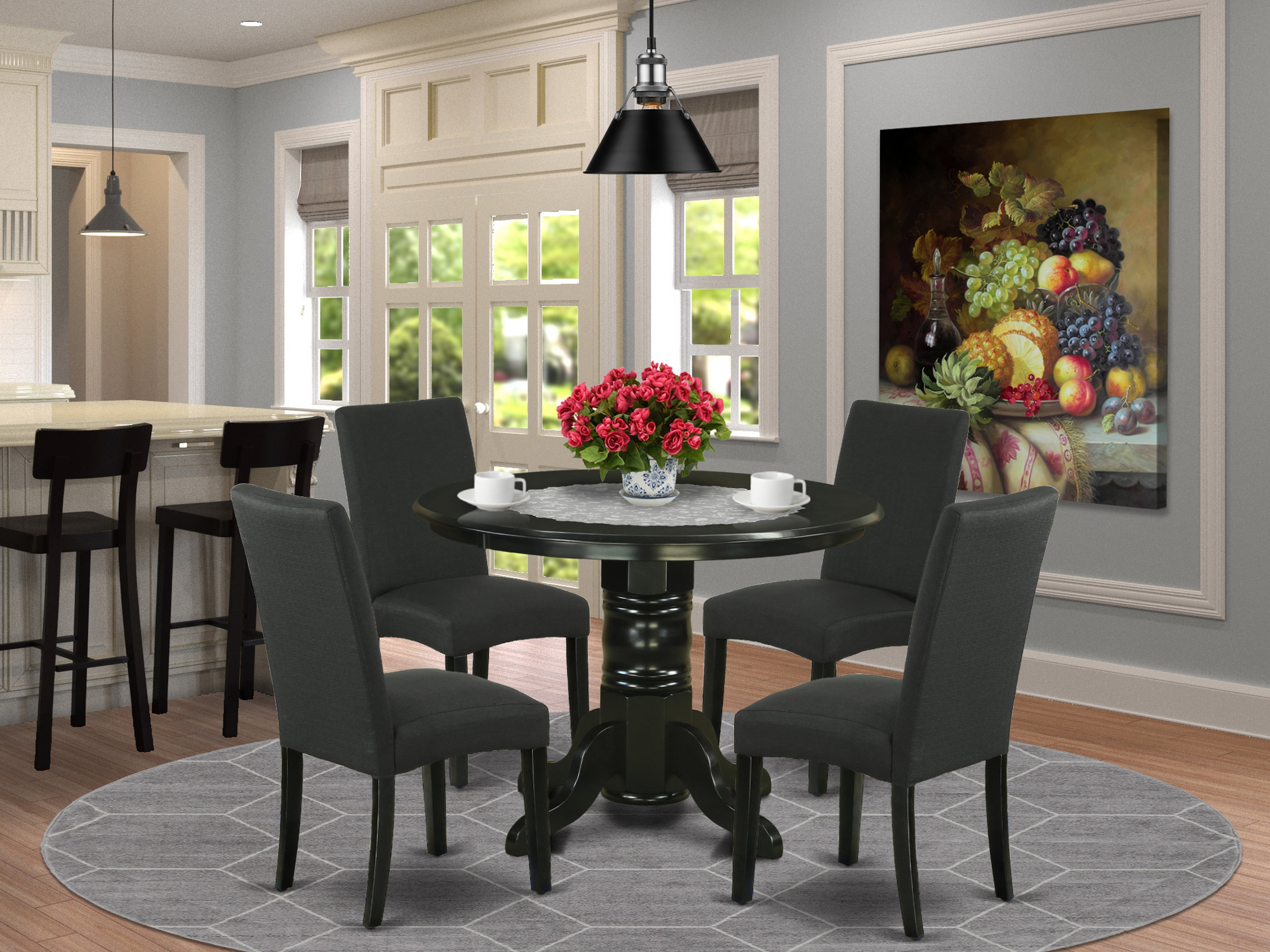 Sophisticated Black 5-Piece Round Dining Set with Linen Chairs