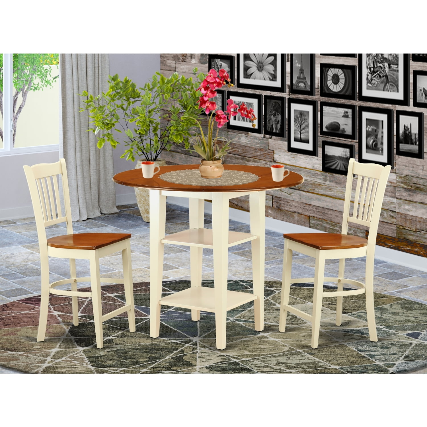 East West Furniture Sudbury 3-piece Dining Set with Stools in Buttermilk/Cherry