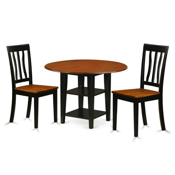 East West Furniture Sudbury 3-piece Dining Set with Wood Seat in Black/Cherry