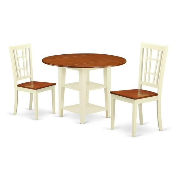 East West Furniture Sudbury 3-piece Dining Set with Wood Seat in Cherry