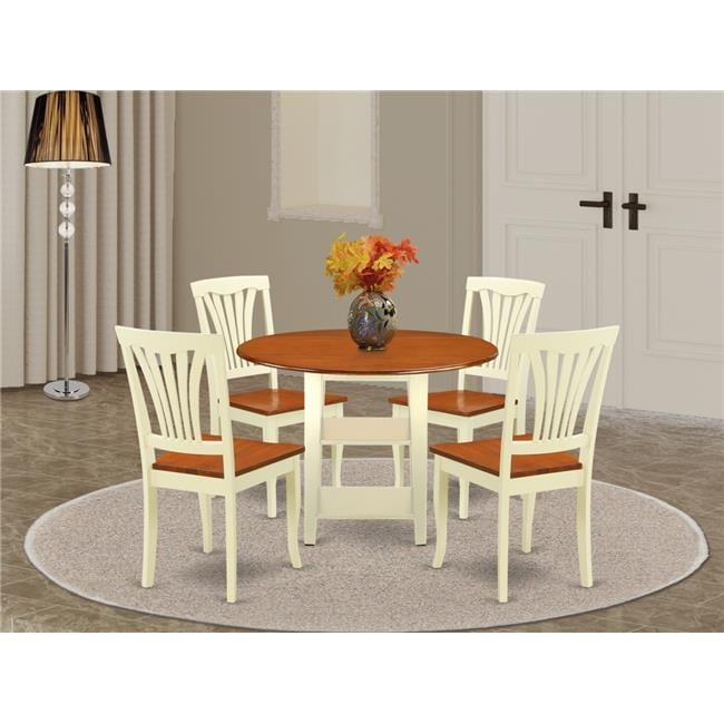 Buttermilk and Cherry Round Wood Dining Table Set with Slat Back Chairs
