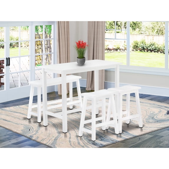East West Furniture - KATY4-WBW-W - 4 Piece Mid Century Dining Set Contains a Dining Table, 2 Kitchen Stools with a Kitchen Bench - Wire Brushed Bright White Finish