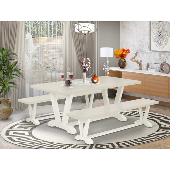 East West Furniture V2-027 3 Piece Table Set - 1 Linen White Dining Table and 2 Table Bench - Stable and Sturdy Constructed - Linen White Finish
