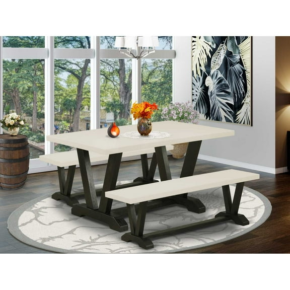 East West Furniture V2-626 3 Piece Dining Room Set - 1 Linen White Wood Dining Table and 2 Wood Benches - Stable and Durable Construction - Wire Brushed Black Finish