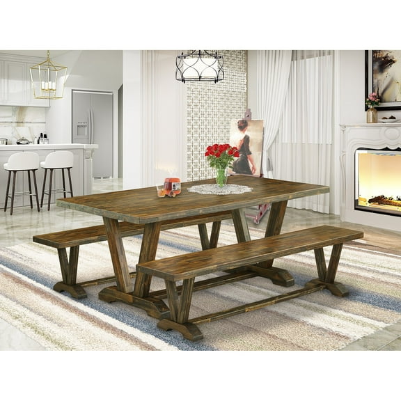 East West Furniture V2-777 3 Piece Kitchen Dining Table Set - 1 Distressed Jacobean Wood Dining Table and 2 Dining Room Bench - Distressed Jacobean Finish
