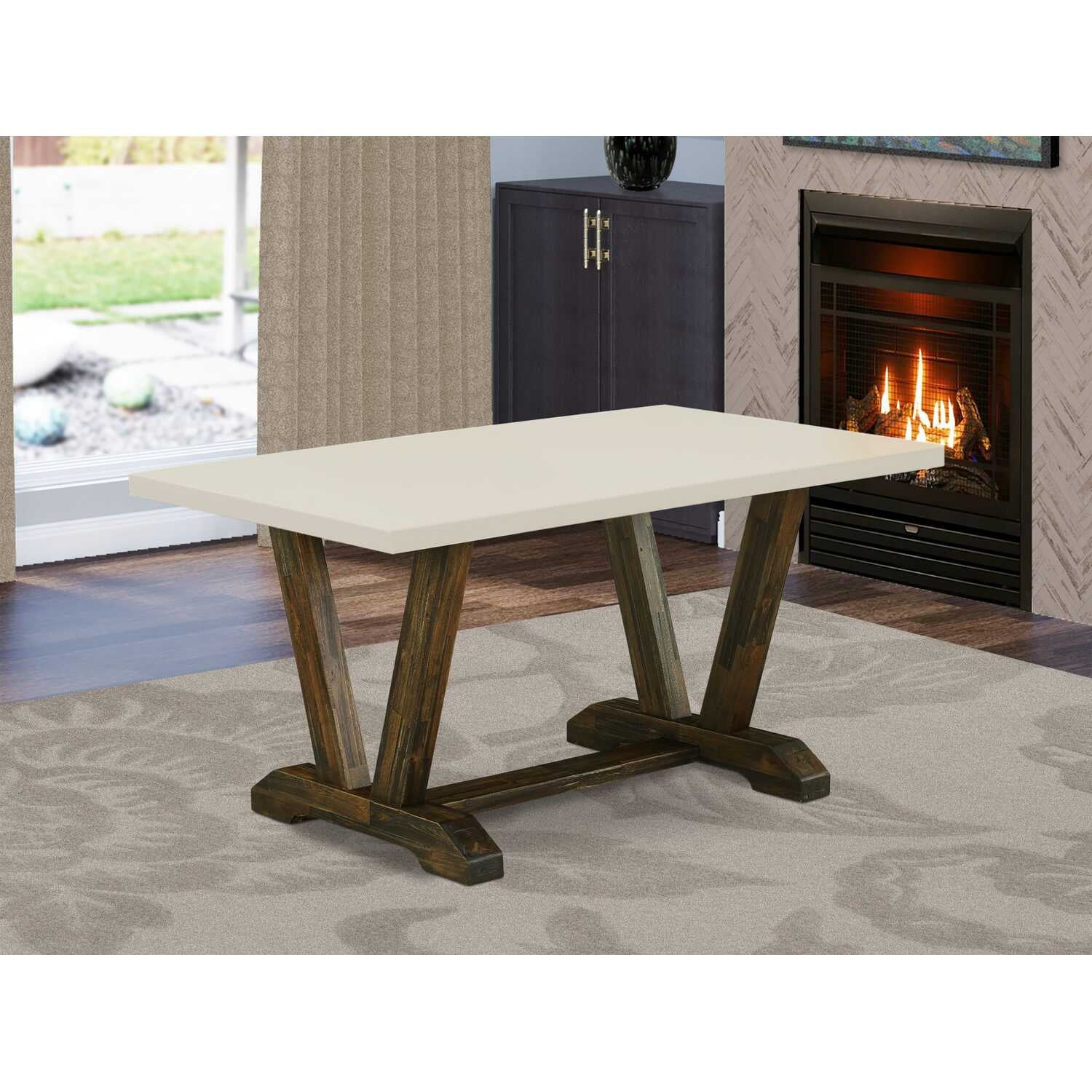 Mid-Century Modern 60" Wood Dining Table in Linen White & Jacobean