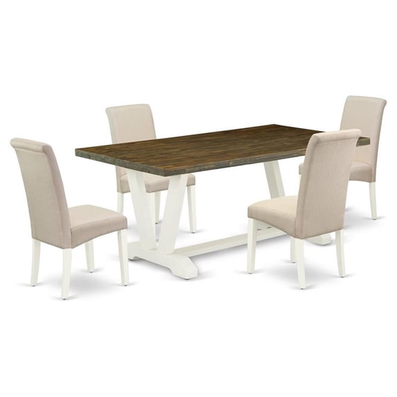 East West Furniture V-Style 5-piece Dining Set in Linen White/Jacobean