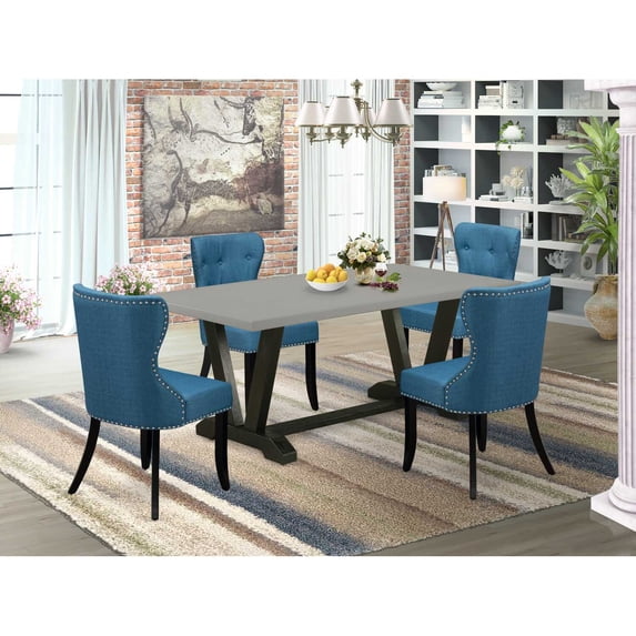 East West Furniture V697SI121-5 5-Pc Modern Dining Table Set- 4 Parson Dining Chairs with Blue Linen Fabric Seat and Button Tufted Chair Back - Rectangular Table Top & Wooden Legs - Cement and...